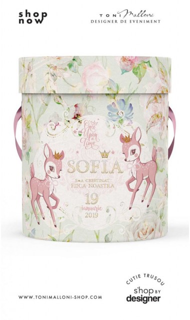 Cutie rotunda personalizata din mucava pentru trusou botez fetite cu caprioara Bambi 1